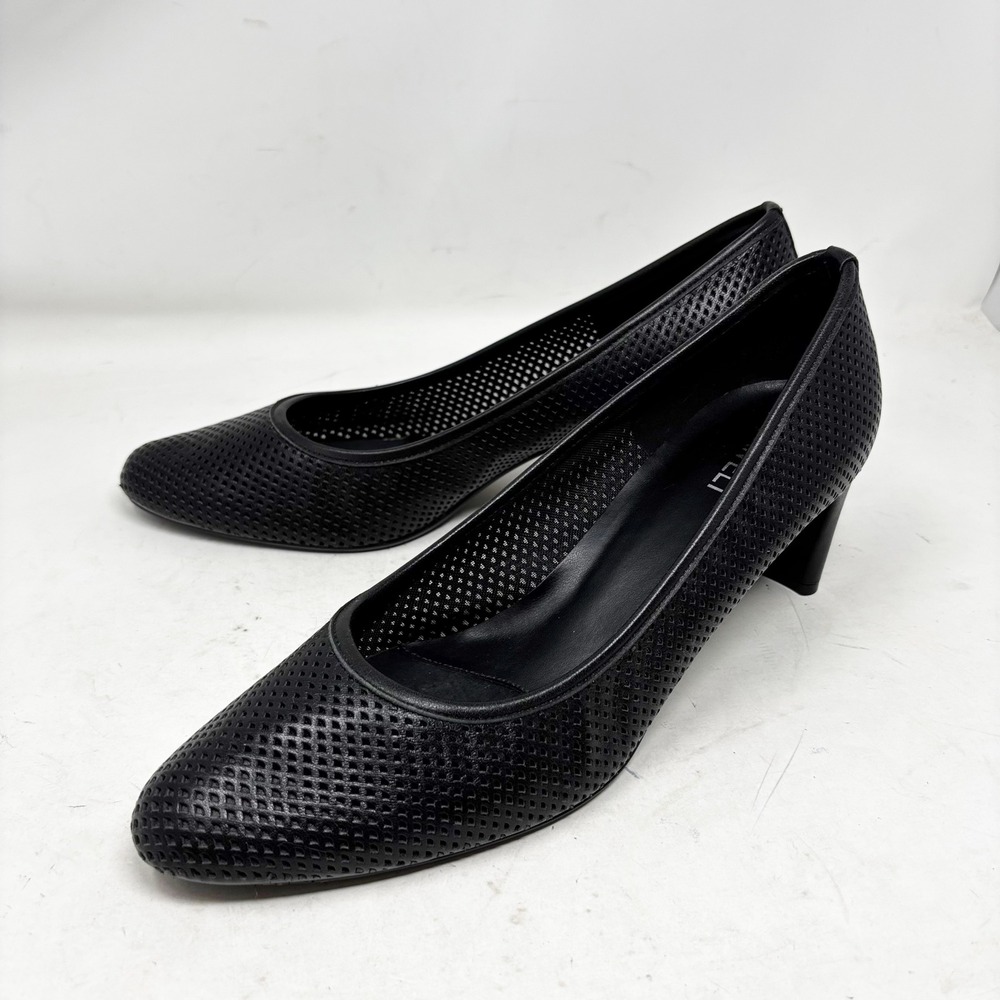 Vaneli Womens 12M Black Perforated Leather‎ Almond Toe Block Heel Pumps Shoes
